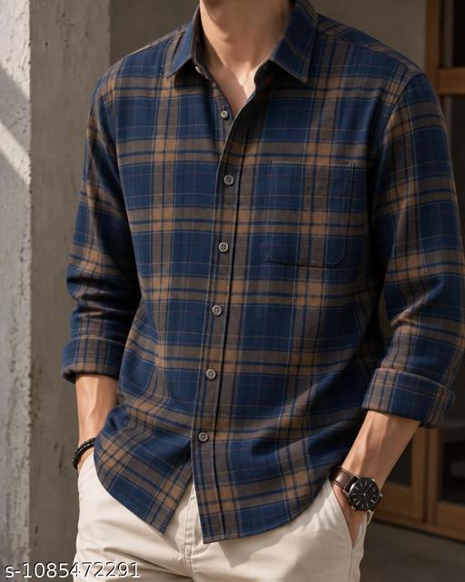 Men’s Navy Blue & Brown Checked Casual Shirt | Full Sleeve Plaid Pattern Shirt with Front Button Closure & Classic Shirt Collar | Stylish Regular Fit Casual Wear for Men
