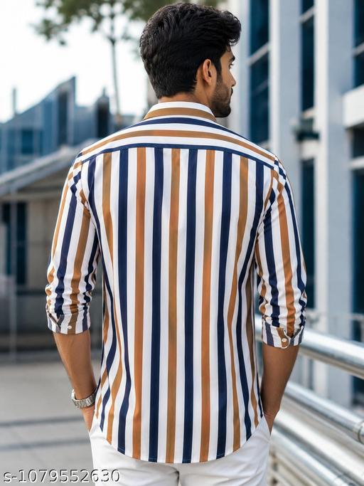 URBAN HANGER Men's Trendy Vertical Striped Slim Fit Casual Party Wear Shirt - Image 3