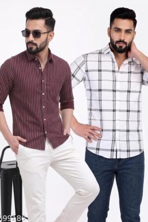 Men's Wine Red Striped & White Checkered Cotton Blend Shirt Combo | Full Sleeve Regular Fit Casual, Office & Party Wear Shirts for Men