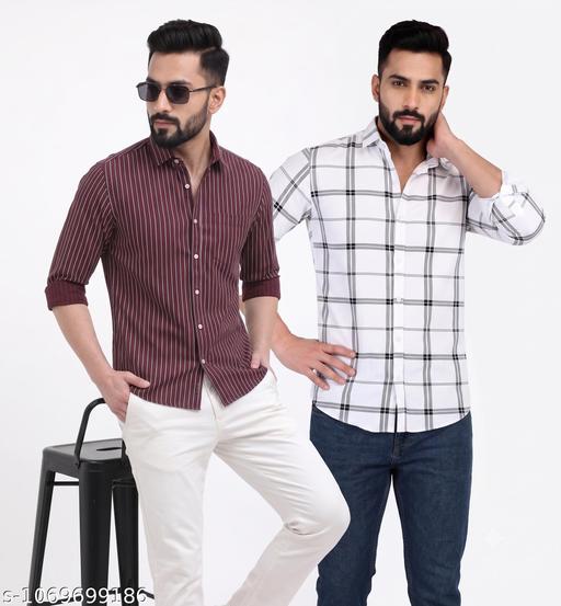Men's Wine Red Striped & White Checkered Cotton Blend Shirt Combo | Full Sleeve Regular Fit Casual, Office & Party Wear Shirts for Men
